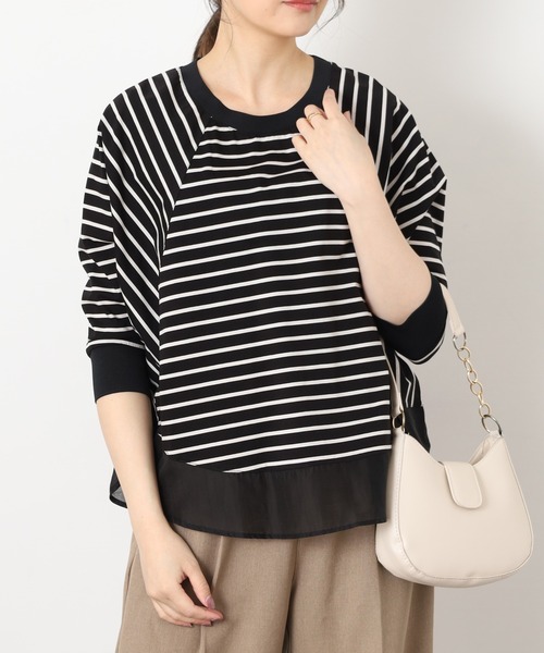 EGLANTINE(エグランティーヌ)の「EGLANTINE シアードッキング七分袖フレアカットソー(Tシャツ/カットソー・レディース・チャコールグレー/オフホワイト/ホワイト×ブラック/ブラック×ホワイト・38)」の20枚目の写真