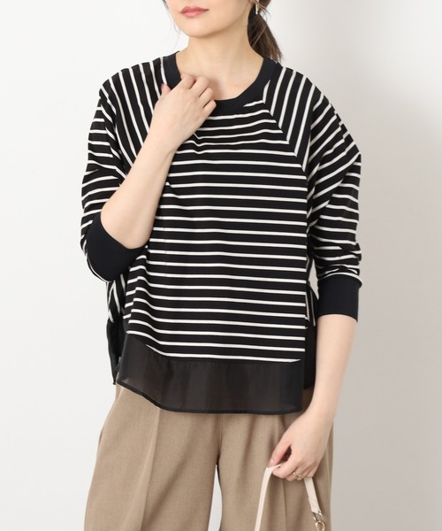 EGLANTINE(エグランティーヌ)の「EGLANTINE シアードッキング七分袖フレアカットソー(Tシャツ/カットソー・レディース・チャコールグレー/オフホワイト/ホワイト×ブラック/ブラック×ホワイト・38)」の21枚目の写真