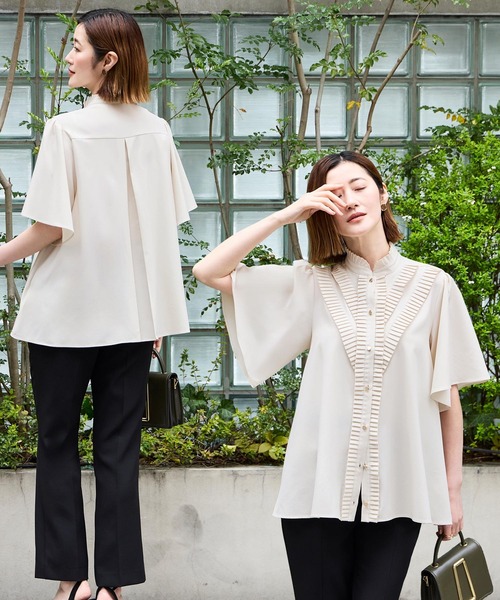 RUIRUE BOUTIQUE(ルイルエブティック)の「洗える ストレッチ | プリーツ スタンドカラー ブラウス(半袖) | レディース 体型カバー オフィスカジュアル きれいめ 上品 無地 華やか トップス シャツ(シャツ/ブラウス・レディース・ホワイト/チャコールグレー/ライトベージュ・S/LL/L/M)」の3枚目の写真