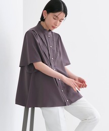 洗える ストレッチ ｜ プリーツ スタンドカラー ブラウス（半袖） ｜ レディース 体型カバー オフィスカジュアル きれいめ 上品 無地 華やか トップス シャツ