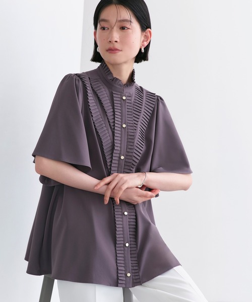 RUIRUE BOUTIQUE(ルイルエブティック)の「洗える ストレッチ | プリーツ スタンドカラー ブラウス(半袖) | レディース 体型カバー オフィスカジュアル きれいめ 上品 無地 華やか トップス シャツ(シャツ/ブラウス・レディース・ホワイト/チャコールグレー/ライトベージュ・S/LL/L/M)」の13枚目の写真