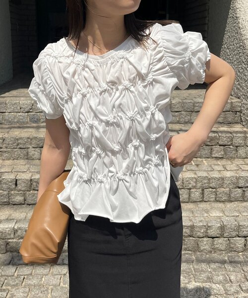 CAPRICIEUX LE'MAGE(カプリシューレマージュ)の「【新色イエロー・チャコール】シャーリングホイップT(Tシャツ/カットソー・レディース・ホワイト/ピンク/イエロー/ブラック/チャコールグレー・FREE)」の2枚目の写真