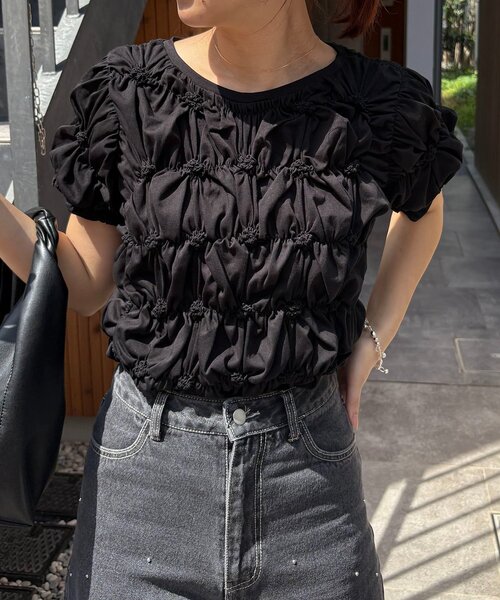 CAPRICIEUX LE'MAGE(カプリシューレマージュ)の「【新色イエロー・チャコール】シャーリングホイップT(Tシャツ/カットソー・レディース・ホワイト/ピンク/イエロー/ブラック/チャコールグレー・FREE)」の3枚目の写真