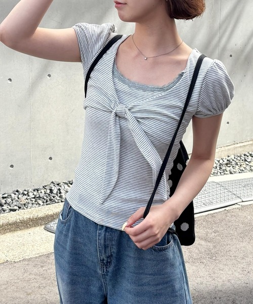 frunco（フランコ）の「リボンボーダーTシャツ（Tシャツ/カットソー・レディース・グレー/ブラック/ライトグレー・FREE）」の2枚目の写真
