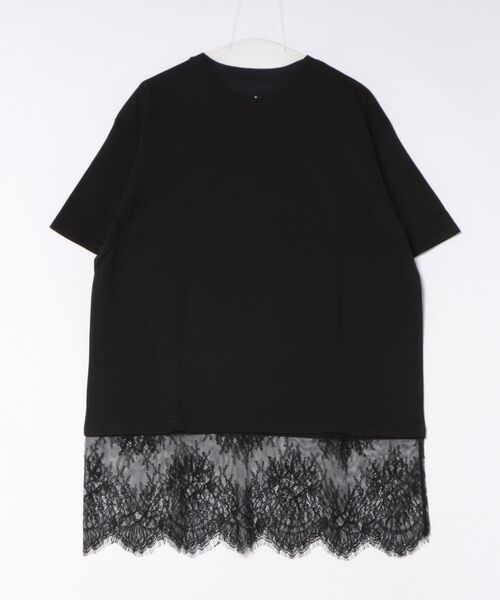 fort point(フォーポイント)の「【C-FORT POINT/フォートポイント】【1枚でサマになる上品Tシャツ】裾レースチュニックTシャツ 綿100% 体型カバー 重ね着風 裾コンシャス 華やか(Tシャツ/カットソー・レディース・ブラック/オフホワイト・FREE)」の2枚目の写真