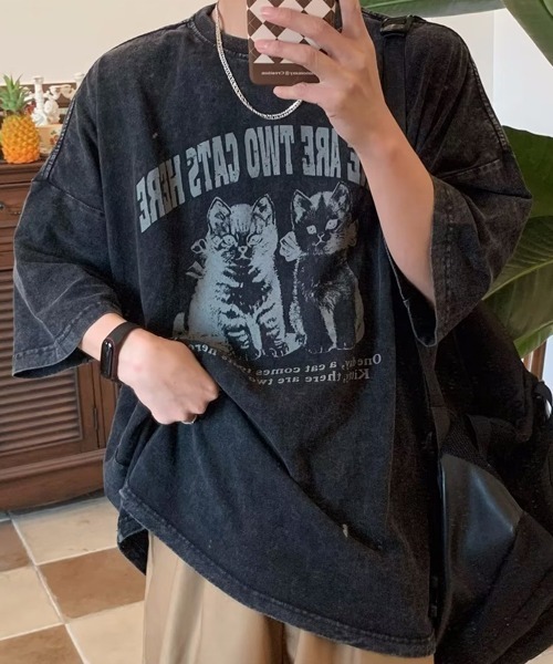 Ressaca（レサーカ）の「オーバーサイズCATプリントTシャツ（Tシャツ/カットソー・メンズ・ブラック/ベージュ・L/XL/M）」の6枚目の写真