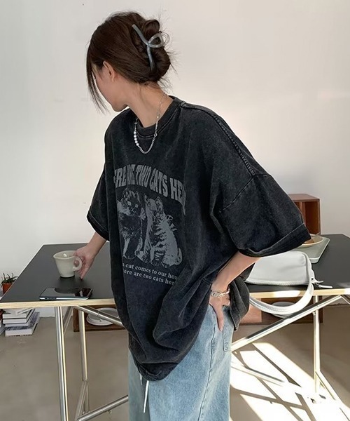 Ressaca（レサーカ）の「オーバーサイズCATプリントTシャツ（Tシャツ/カットソー・メンズ・ブラック/ベージュ・L/XL/M）」の11枚目の写真