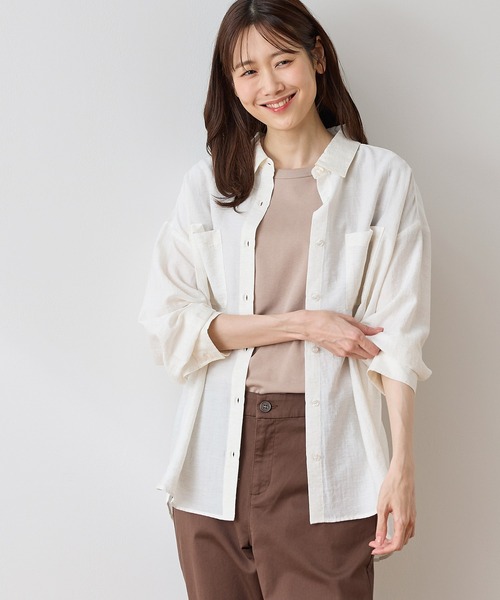 Honeys（ハニーズ）の「【ハニさら・接触冷感】麻混ポケ付ゆるシャツ（シャツ/ブラウス・レディース・グリーン/ブラック/ベージュ/アイボリー/ブラウン・L/LL/M）」の9枚目の写真
