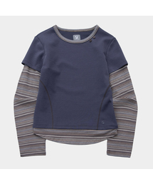 ストライプ配色ステッチポイントレイヤードロングスリーブTシャツ[ネイビー]
