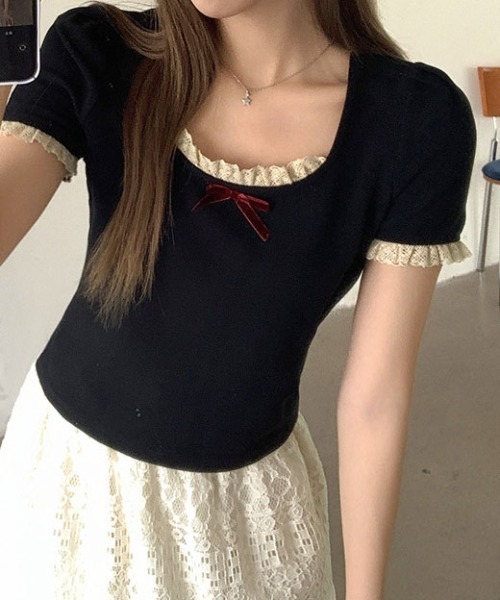 ＆soiree（アンドソワレ）の「クルーネックレースフリルリボン付きトップス（Tシャツ/カットソー・レディース・ブラック・LARGE/MEDIUM/SMALL）」の4枚目の写真