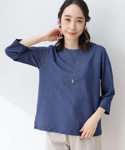 DECOY SINCE 1981(デコイシンスイチキュウハチイチ)の「デニムライクストレッチ7分袖カットプルオーバー(Tシャツ/カットソー・レディース・ネイビー/ベージュ・M/L)」の2枚目の写真