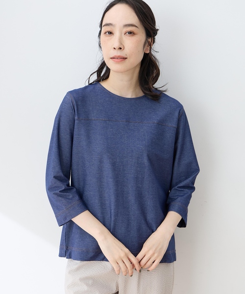DECOY SINCE 1981(デコイシンスイチキュウハチイチ)の「デニムライクストレッチ7分袖カットプルオーバー(Tシャツ/カットソー・レディース・ネイビー/ベージュ・M/L)」の3枚目の写真