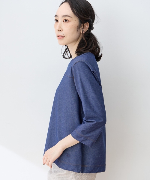 DECOY SINCE 1981(デコイシンスイチキュウハチイチ)の「デニムライクストレッチ7分袖カットプルオーバー(Tシャツ/カットソー・レディース・ネイビー/ベージュ・M/L)」の4枚目の写真