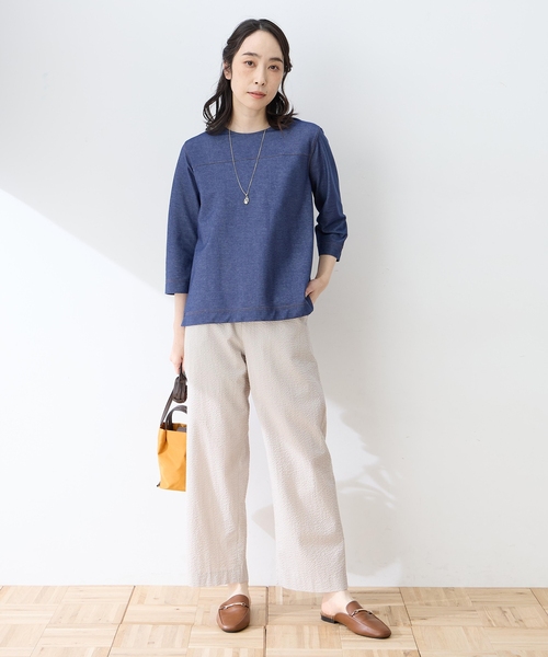 DECOY SINCE 1981(デコイシンスイチキュウハチイチ)の「デニムライクストレッチ7分袖カットプルオーバー(Tシャツ/カットソー・レディース・ネイビー/ベージュ・M/L)」の5枚目の写真