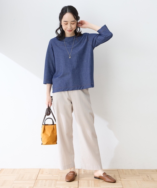 DECOY SINCE 1981(デコイシンスイチキュウハチイチ)の「デニムライクストレッチ7分袖カットプルオーバー(Tシャツ/カットソー・レディース・ネイビー/ベージュ・M/L)」の6枚目の写真