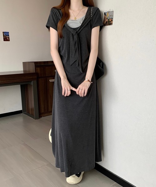 Girly Doll(ガーリードール)の「ショール風レイヤードカットソーワンピース(ワンピース・レディース・ダークグレー/ブラック・M/L)」の1枚目の写真