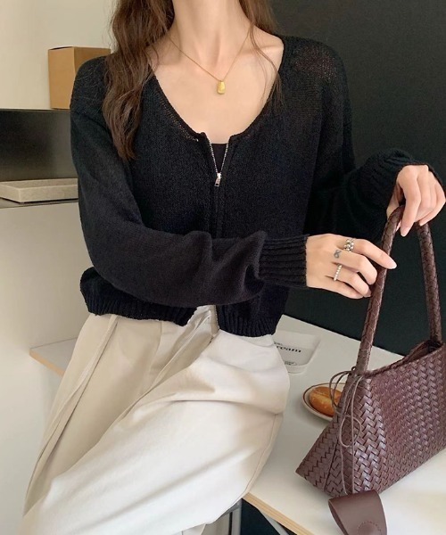 COCOMOMO(ココモモ)の「ダブルジップショートカーディガン ダブルジップ カーディガン トップス 長袖 ジップカーディガン ショートカーディガン シアー ニット ショート丈(カーディガン/ボレロ・レディース・グレイッシュベージュ/グレイッシュブルー/ブラウン/アイボリー/ブラック・FREE)」の15枚目の写真