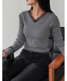 [2026AW PRE ORDER]レースドッキングVネックリブニットトップス