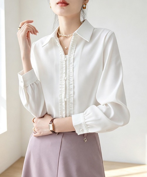 ONEP STAR(ワンピスター)の「フロントフリル長袖シャツ(シャツ/ブラウス・レディース・ブルー/ホワイト・LARGE/MEDIUM/X-LARGE)」の2枚目の写真