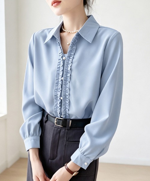 ONEP STAR(ワンピスター)の「フロントフリル長袖シャツ(シャツ/ブラウス・レディース・ブルー/ホワイト・LARGE/MEDIUM/X-LARGE)」の7枚目の写真
