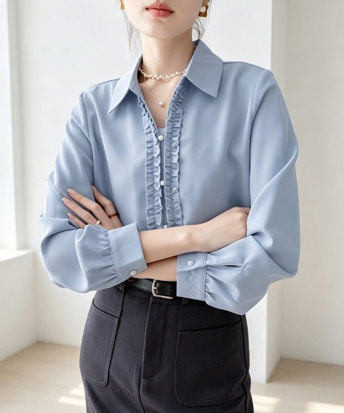 ONEP STAR(ワンピスター)の「フロントフリル長袖シャツ(シャツ/ブラウス・レディース・ブルー/ホワイト・LARGE/MEDIUM/X-LARGE)」の8枚目の写真
