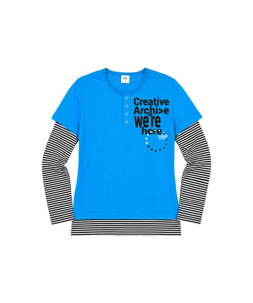 VENHIT(ベンヒット)の「WE HERE ストライプ レイヤード スリムフィット スリーブ(Tシャツ/カットソー・レディース・スカイブルー/ブラック/バーガンディー・FREE)」の1枚目の写真