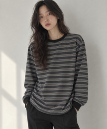 ストライプビスケット 長袖Tシャツ チャコール