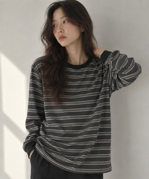 SAYUU（サユ）の「ストライプビスケット 長袖Tシャツ チャコール（Tシャツ/カットソー・レディース・チャコールグレー・FREE）」の3枚目の写真