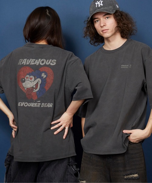 ヴィンテージライク 古着風 綿100％ピグメント加工TプリントTシャツ（T