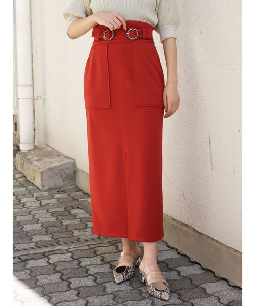 MURUA(ムルーア)の「ダブルバックルハイウエストタイトスカート(スカート)」|オレンジ