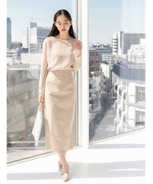 裾フリンジ麻混タイトスカート