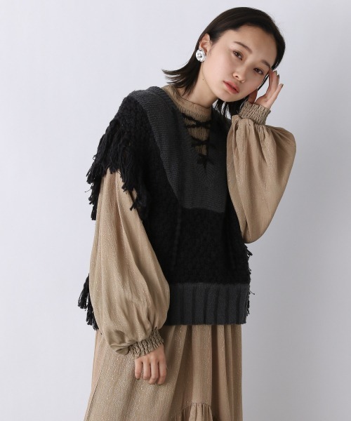 JEANASIS フリンジ付きニットベスト　ブラック dn7496-01_1.jpg
