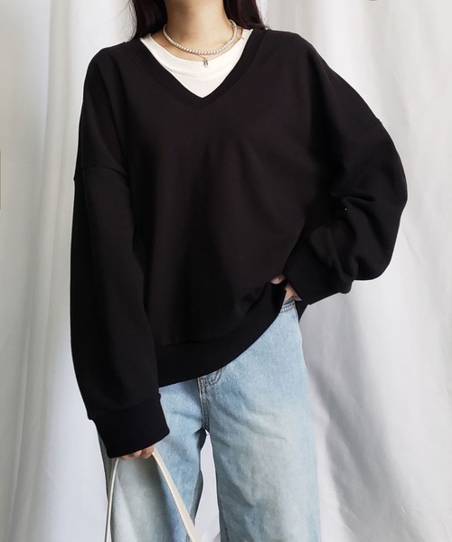 me+em select（ミームセレクト）の「※※コットン裏毛Vネックワイドトレーナー（スウェット・レディース・ブラック/ピンク/グレー/アイボリー・FREE）」の16枚目の写真