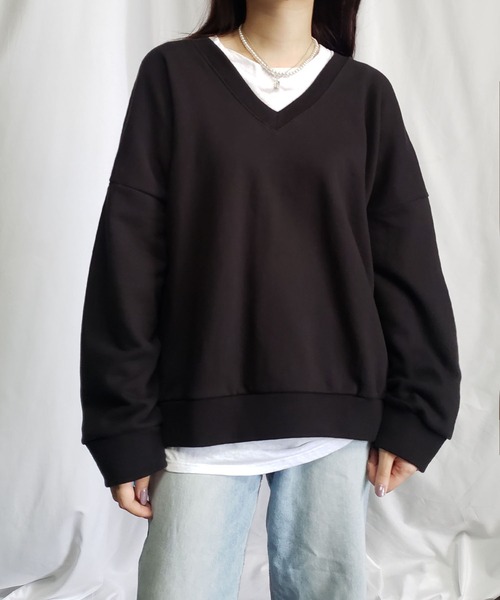me+em select（ミームセレクト）の「※※コットン裏毛Vネックワイドトレーナー（スウェット・レディース・ブラック/ピンク/グレー/アイボリー・FREE）」の5枚目の写真