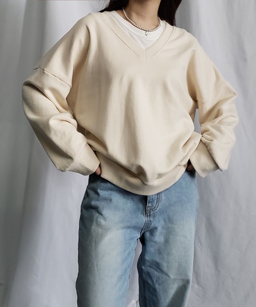 me+em select（ミームセレクト）の「※※コットン裏毛Vネックワイドトレーナー（スウェット・レディース・ブラック/ピンク/グレー/アイボリー・FREE）」の21枚目の写真