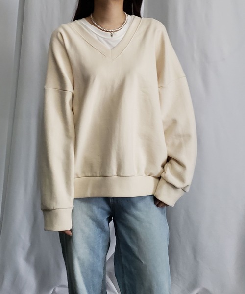me+em select（ミームセレクト）の「※※コットン裏毛Vネックワイドトレーナー（スウェット・レディース・ブラック/ピンク/グレー/アイボリー・FREE）」の13枚目の写真