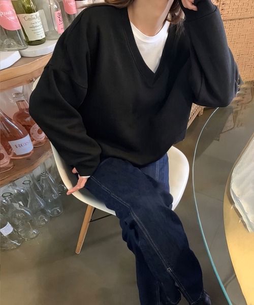 me+em select（ミームセレクト）の「※※コットン裏毛Vネックワイドトレーナー（スウェット・レディース・ブラック/ピンク/グレー/アイボリー・FREE）」の14枚目の写真