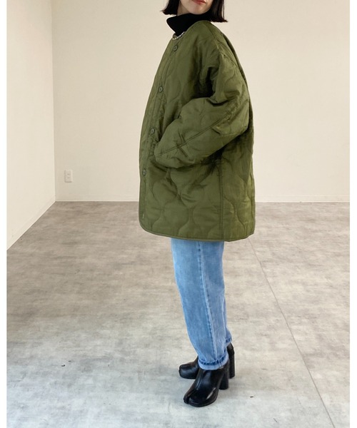 She's Closet（シーズクローゼット）の「ノーカラーパイピング中綿キルティングジャケットライナーコート（ノーカラーコート・レディース・ブラック/ベージュ/カーキ/アイボリー/ブラウン/グリーン系その他・FREE）」の7枚目の写真