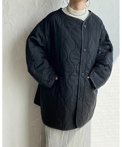 She's Closet（シーズクローゼット）の「ノーカラーパイピング中綿キルティングジャケットライナーコート（ノーカラーコート・レディース・ブラック/ベージュ/カーキ/アイボリー/ブラウン/グリーン系その他・FREE）」の15枚目の写真