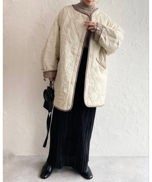 She's Closet（シーズクローゼット）の「ノーカラーパイピング中綿キルティングジャケットライナーコート（ノーカラーコート・レディース・ブラック/ベージュ/カーキ/アイボリー/ブラウン/グリーン系その他・FREE）」の19枚目の写真