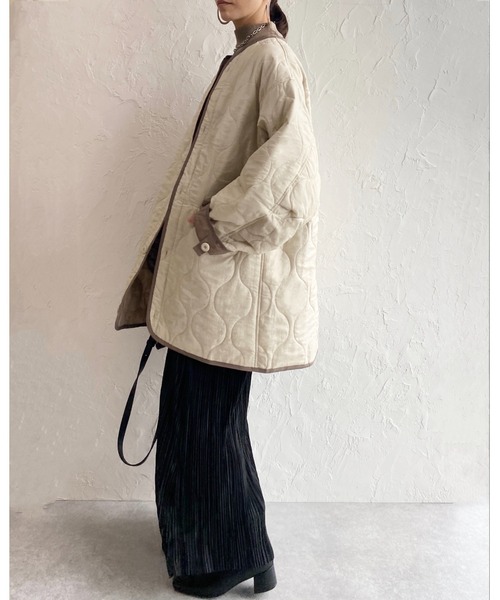 She's Closet（シーズクローゼット）の「ノーカラーパイピング中綿キルティングジャケットライナーコート（ノーカラーコート・レディース・ブラック/ベージュ/カーキ/アイボリー/ブラウン/グリーン系その他・FREE）」の20枚目の写真