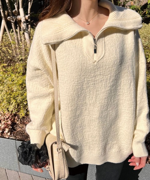 SPIGA(スピーガ)の「ハーフジップオーバーニット(ニット/セーター・レディース・ホワイト/ブラック/ボルドー・FREE)」の6枚目の写真