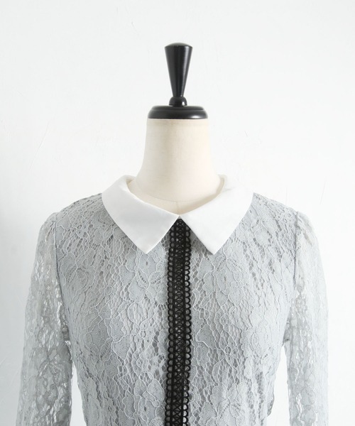 tocco closet(トッコ クローゼット)の「襟付き配色ラインレース×フラワーレースワンピース(ワンピース・レディース・ライトベージュ/グレイッシュブルー・M)」の17枚目の写真