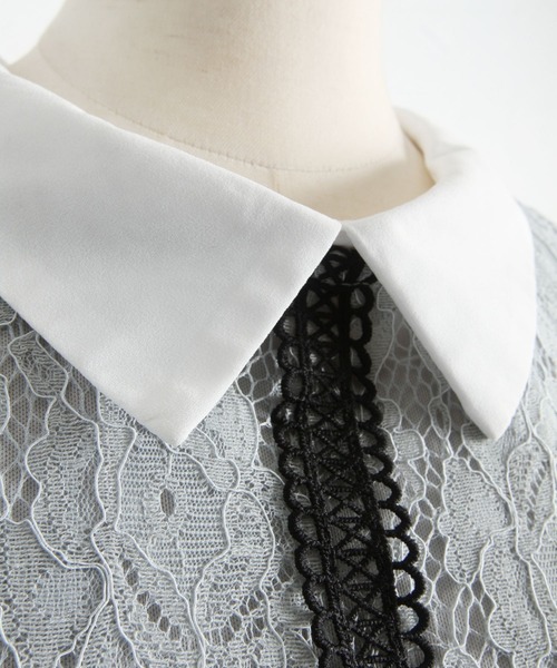 tocco closet(トッコ クローゼット)の「襟付き配色ラインレース×フラワーレースワンピース(ワンピース・レディース・ライトベージュ/グレイッシュブルー・M)」の12枚目の写真