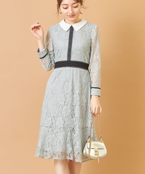 tocco closet(トッコ クローゼット)の「襟付き配色ラインレース×フラワーレースワンピース(ワンピース・レディース・ライトベージュ/グレイッシュブルー・M)」の14枚目の写真