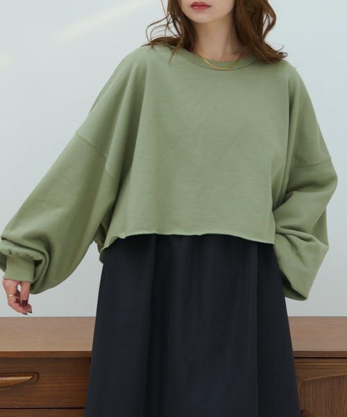 HANNE(アン)の「クロップド丈ボリュームスリーブスウェット/プルオーバー(ニット/セーター・レディース・グレー/ブラック/グリーン・フリー)」の13枚目の写真