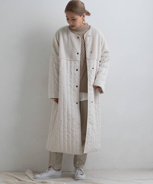 bohmal（ボマール）の「ボア切替ラインキルティングコート（ノーカラーコート・レディース・アッシュグレー/ベージュ/アイボリー・LARGE）」の4枚目の写真