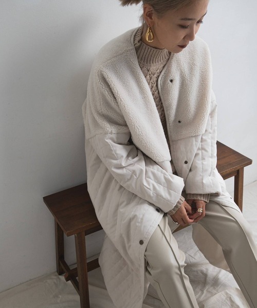 bohmal（ボマール）の「ボア切替ラインキルティングコート（ノーカラーコート・レディース・アッシュグレー/ベージュ/アイボリー・LARGE）」の8枚目の写真