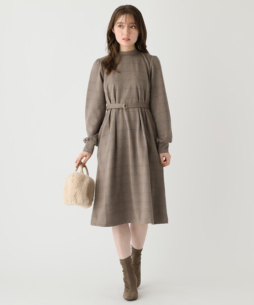 美品　ebure クリアチェックハイネックワンピース　ベージュ　38 index（インデックス）の「◇グレンチェック ハイネックワンピース