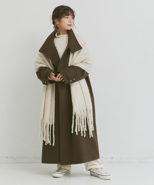 Libra Cue(リブラ キュー)の「ウールタッチハイネックロングコート(チェスターコート・レディース・ブラウン/グレー・FREE)」の14枚目の写真